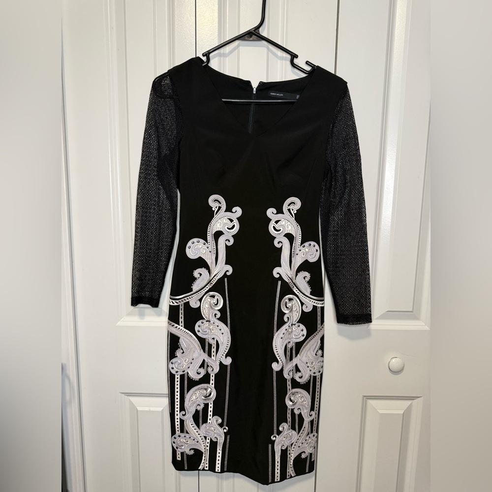 Karen Millen Black Embroidered Sheath Dress Mesh Sleeve Bodycon Size 4